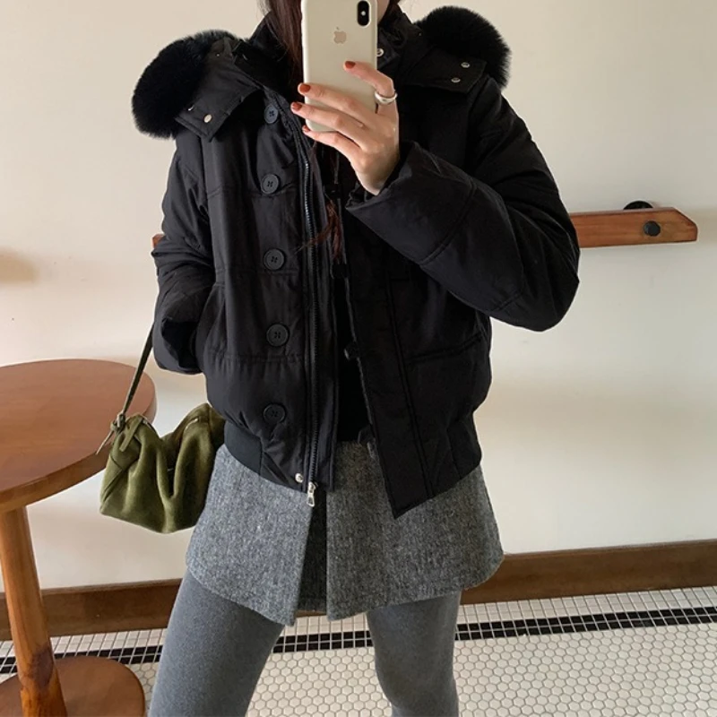 Cream Wind Fur Collar Hooded Short Thickened Cotton Clothes Women's Winter Small Warm Jacket
