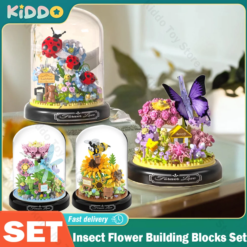 

Insect Flower Building Blocks Set Bee Butterfly Plant Potted Model Bricks Set with Dust Cover DIY Toys for Kids Christmas Gifts