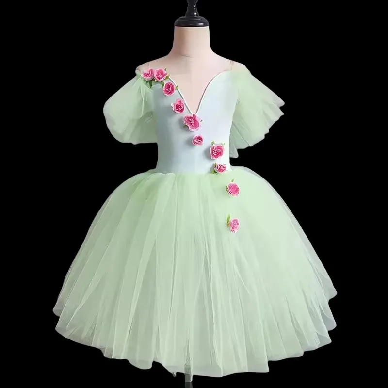 

Романтическая пачка «Жизель», балетные костюмы для девочек, детское зеленое тюлевое платье для катания на коньках, летнее платье на шнуровке с короткими рукавами и пузырьками