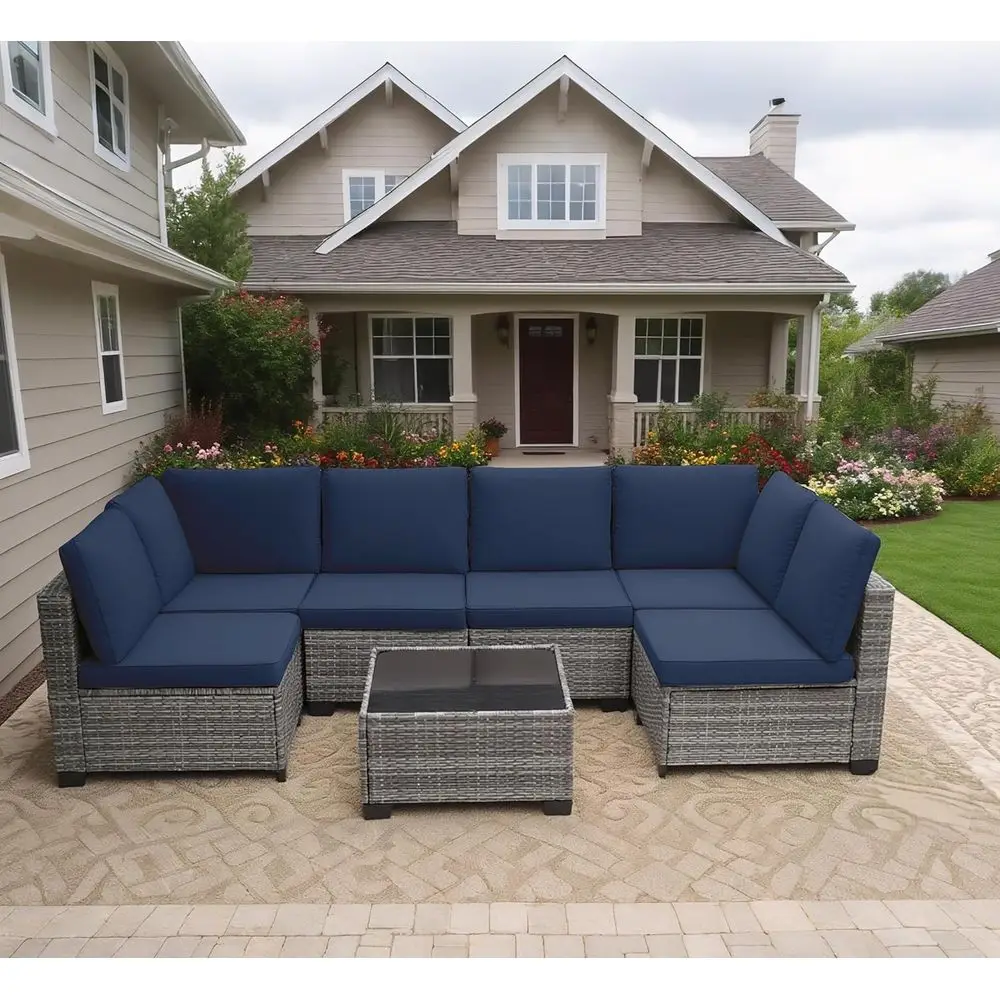 

7 Pieces Outdoor Patio Furniture Sets, All-Weather Sectional Sofa Grey PE Rattan Wicker Conversation Set with Glass Table and Wa