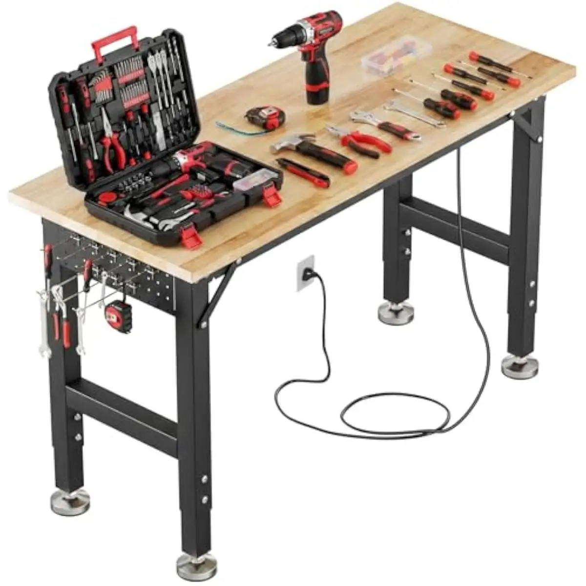 48 x 20 inch heavy-duty rubberwood workbench with 2000 lb load rating • height adjustable from 31.5 to 39.5 inches • integrated