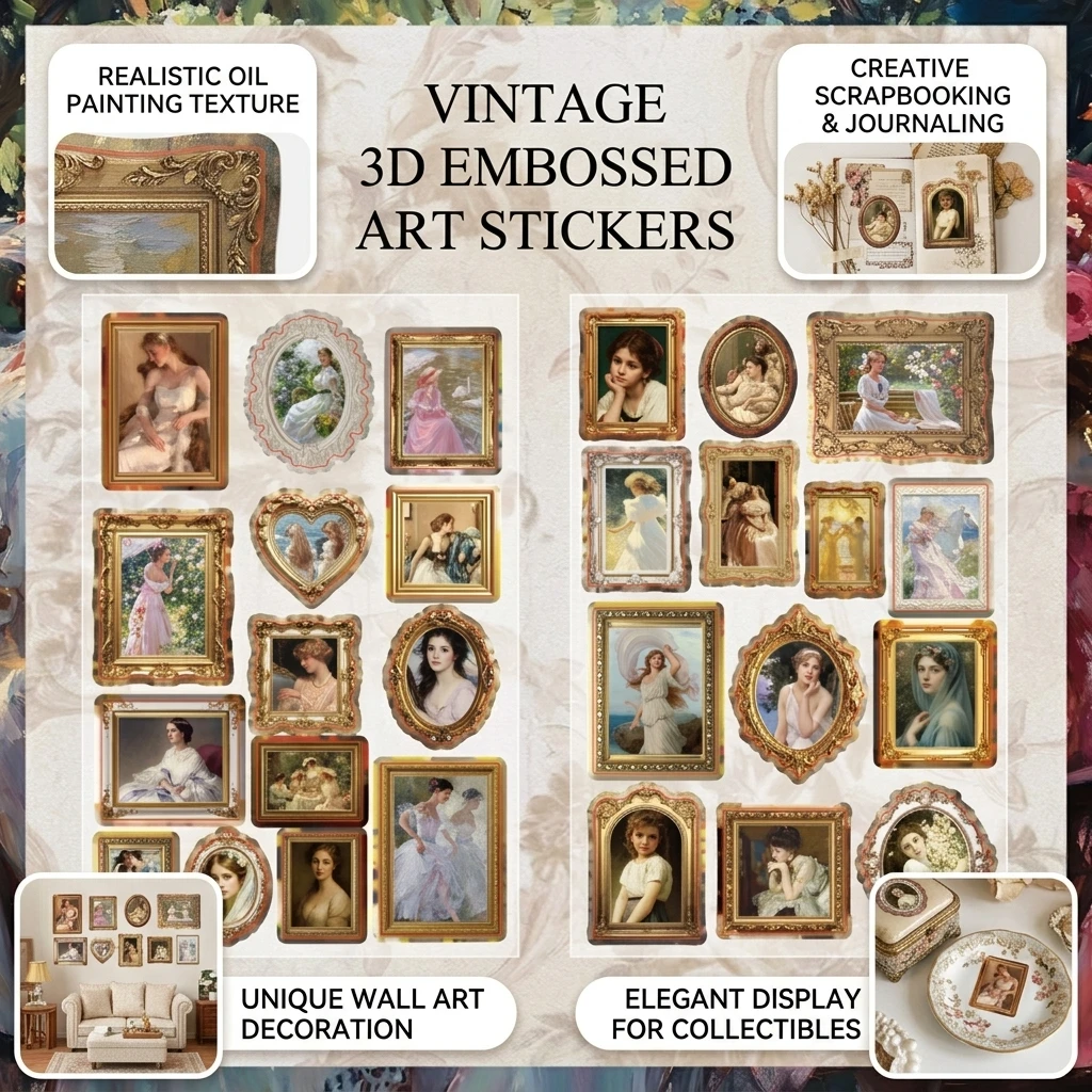 3D Embossed Oil Painting Stickers PVC Retro Texture Decals Self-adhesive For Scrapbooking Vintage Wall Art Landscaping Decor DIY