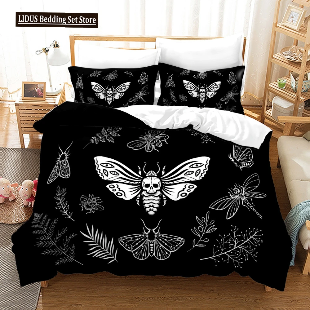 

Death Moth Duvet Cover Set King Queen Size Moon Skull Youth Gothic Insect Print Skeleton Bones Polyester Quilt Cover For Kids