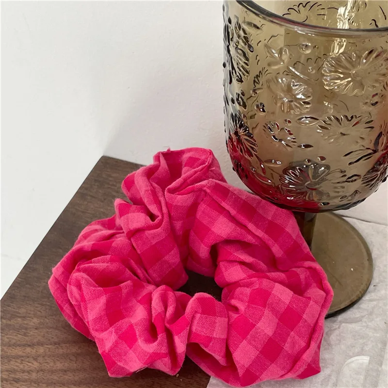 Pink plaid pleated intestine ring hair ring size version temperament fabric head flower ponytail hair rope Korean version new