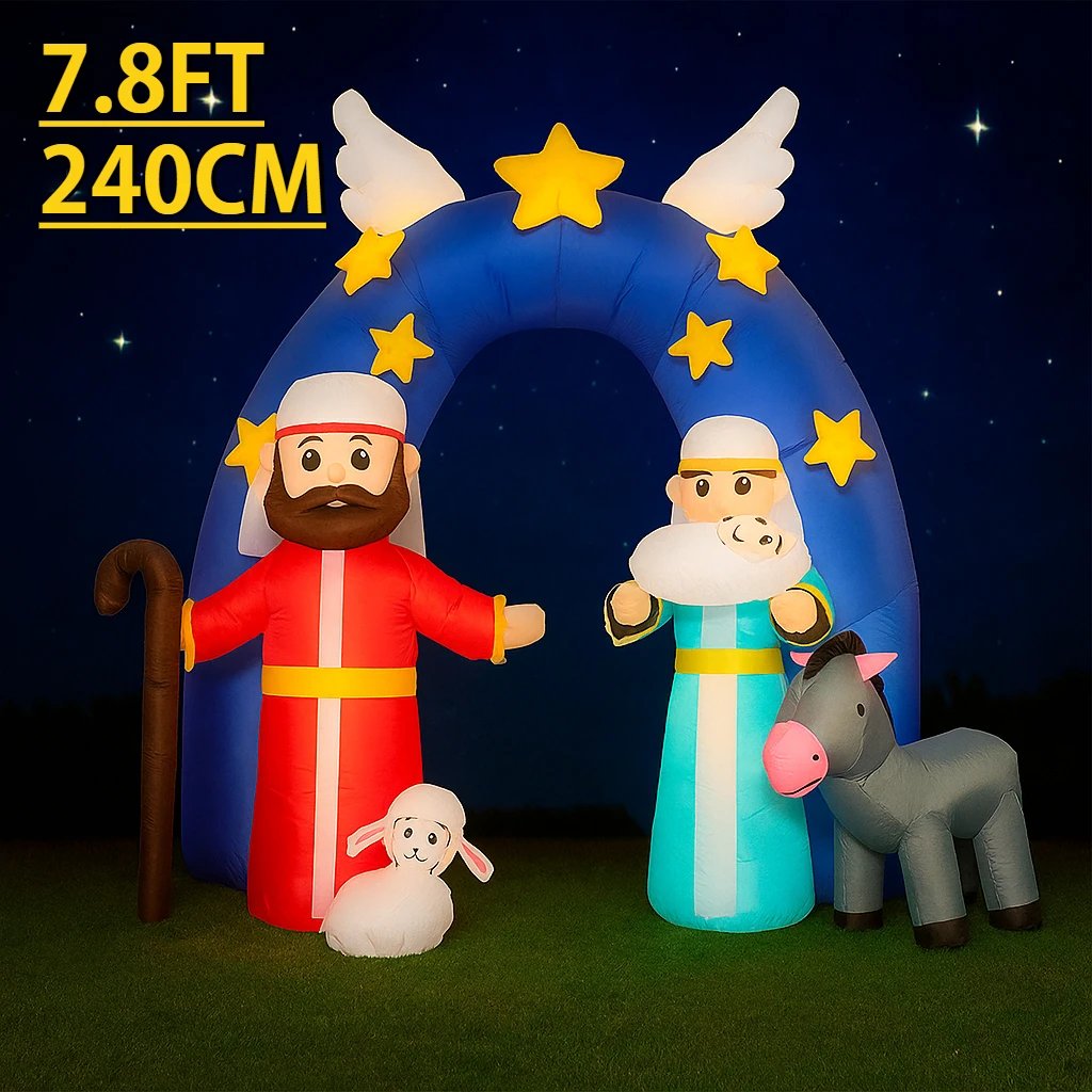 7,8 ft Aufblasbare Spielzeug Weihnachten Hof Dekoration Krippe Bogen Heilige Familie Tier Stern LED Lit Hause Urlaub Ornament Geschenk Dekoration
