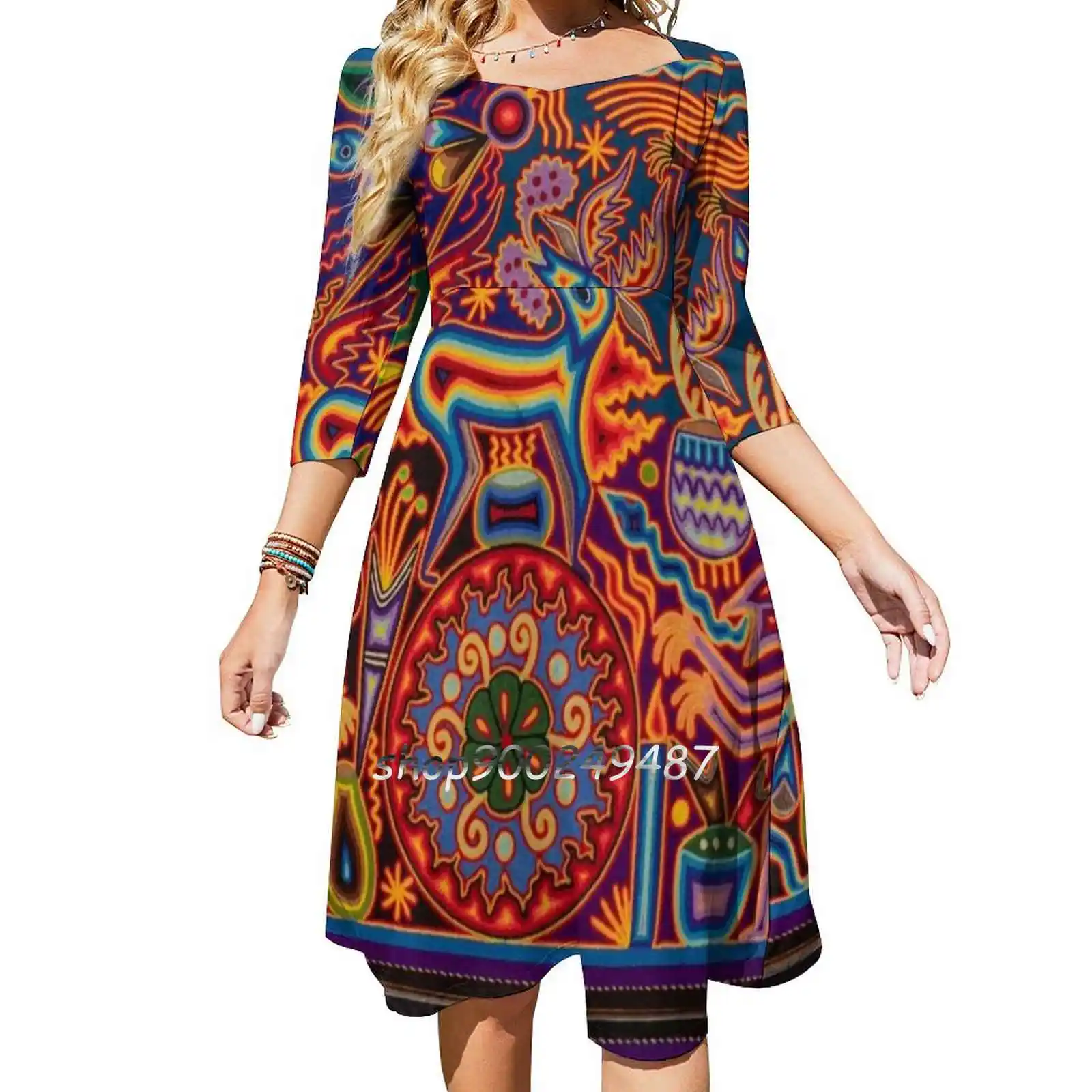 Huichol Square Neck Dress Sweet Summer Dress Women Elegant Halter Print Dress Huichol Mexico Mexican Crafts Skull Travel Red