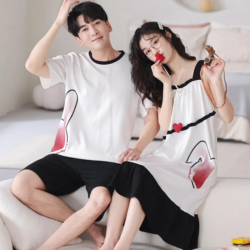 Summer Korean Couple Sleepwear Women Men Pajamas Set Cotton Pijama Suit Lady\'s Nightdress Round Neck Loose Lover Pyjama Night