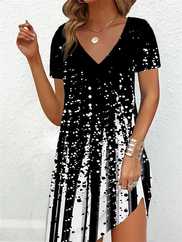 2023 Mode plus Größe Kleid Frauen lässig lose V-Ausschnitt Damen Sommer Print Party Frauen neue Sommer Pullover Kurzarm Kleid