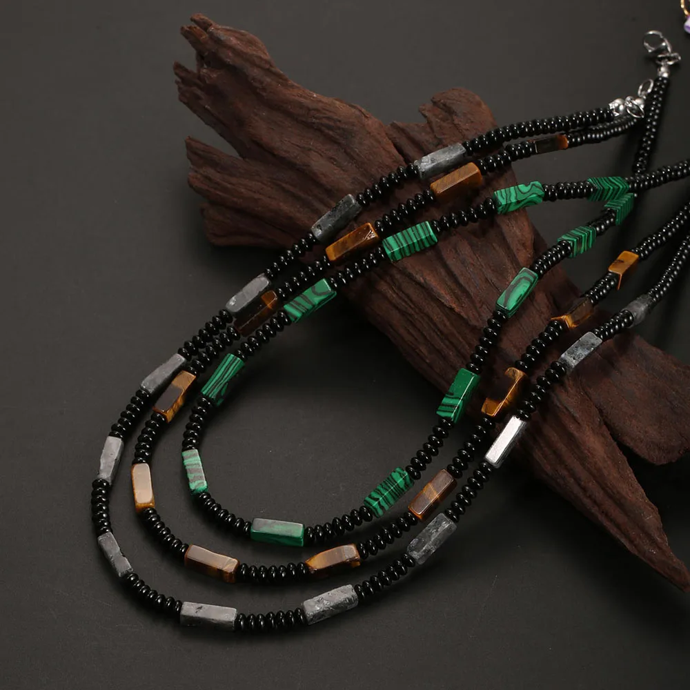1PC New Design 4MM Natural Tiger Eye Stone Necklace for Men Flash and Green Peacock Stone Beaded Necklace Man Jewelry