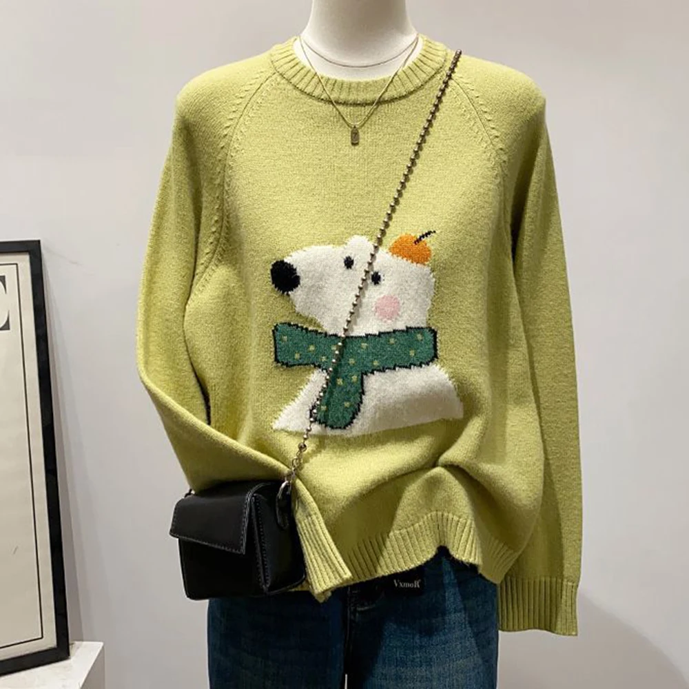 

Korean Jacquard Bear Bottom Sweater Women's Autumn and Winter New Crew Neck Knitted Top Inside