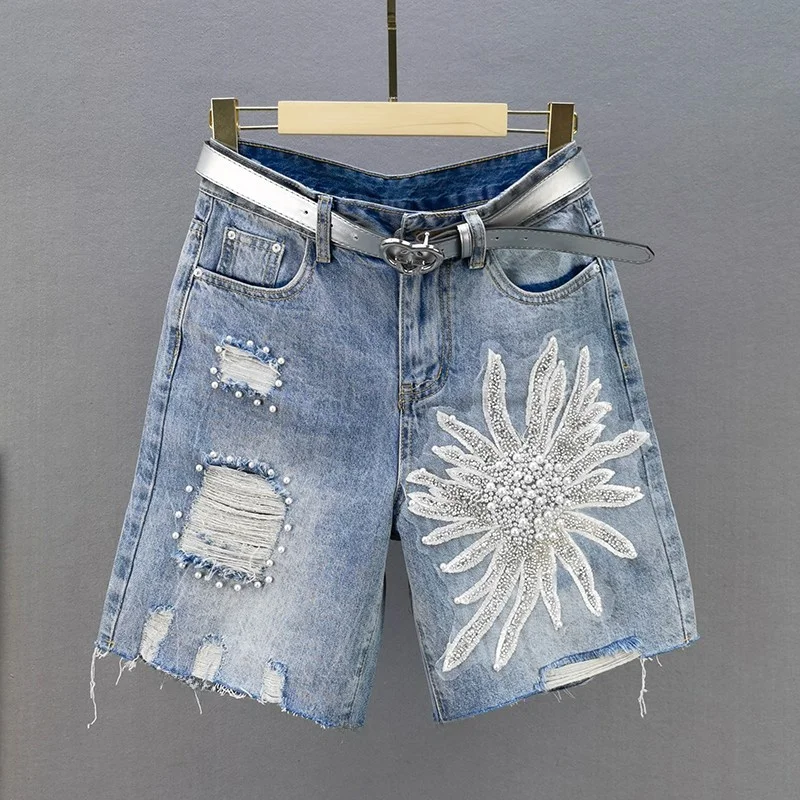 

Trendy Brand High Waist Loose Slimming Embroidered Straight Leg Jeans Women's Summer New Arrival Five-Quarter Denim orts