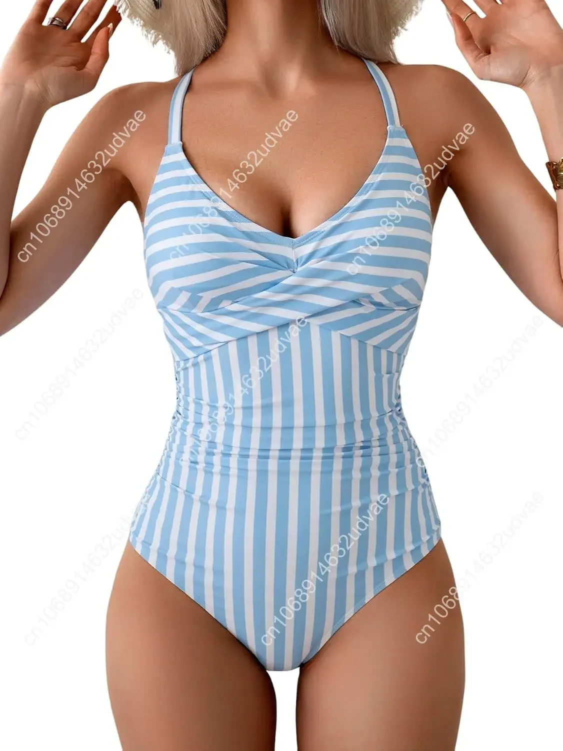 B2prity ผู้หญิง One Piece ชุดว่ายน้ํา Tummy Control Front Cross ชุดว่ายน้ํา Tie Back Slimming V คอชุดว่ายน้ํา