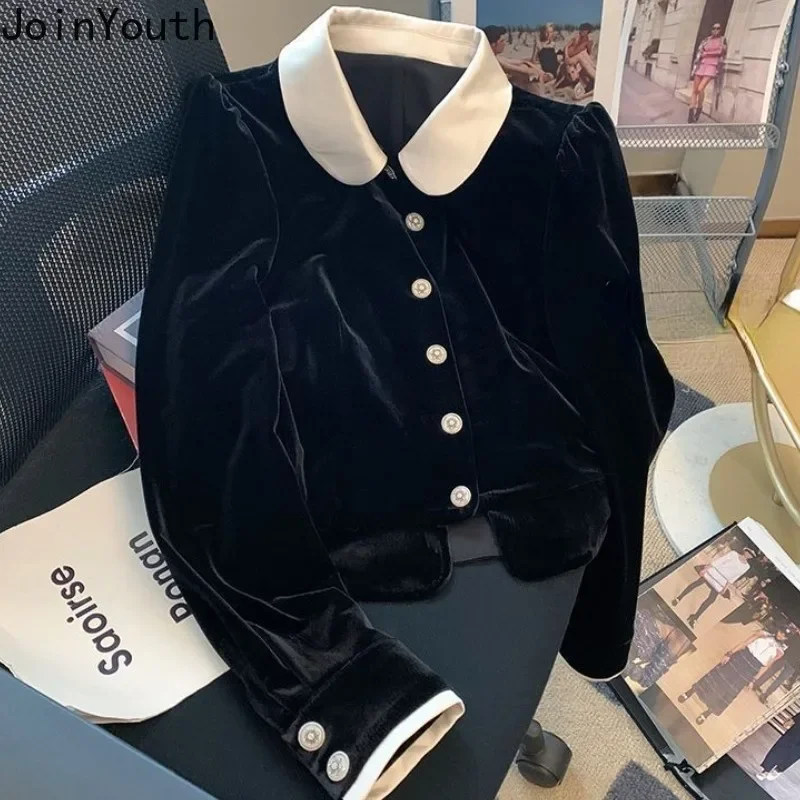 Black Velvet Women Tops Peter Pan Collar Slim Fit Blouses Vintage Temperament Long Sleeve Shirts 2024 Blusas Mujer De Moda 7o374