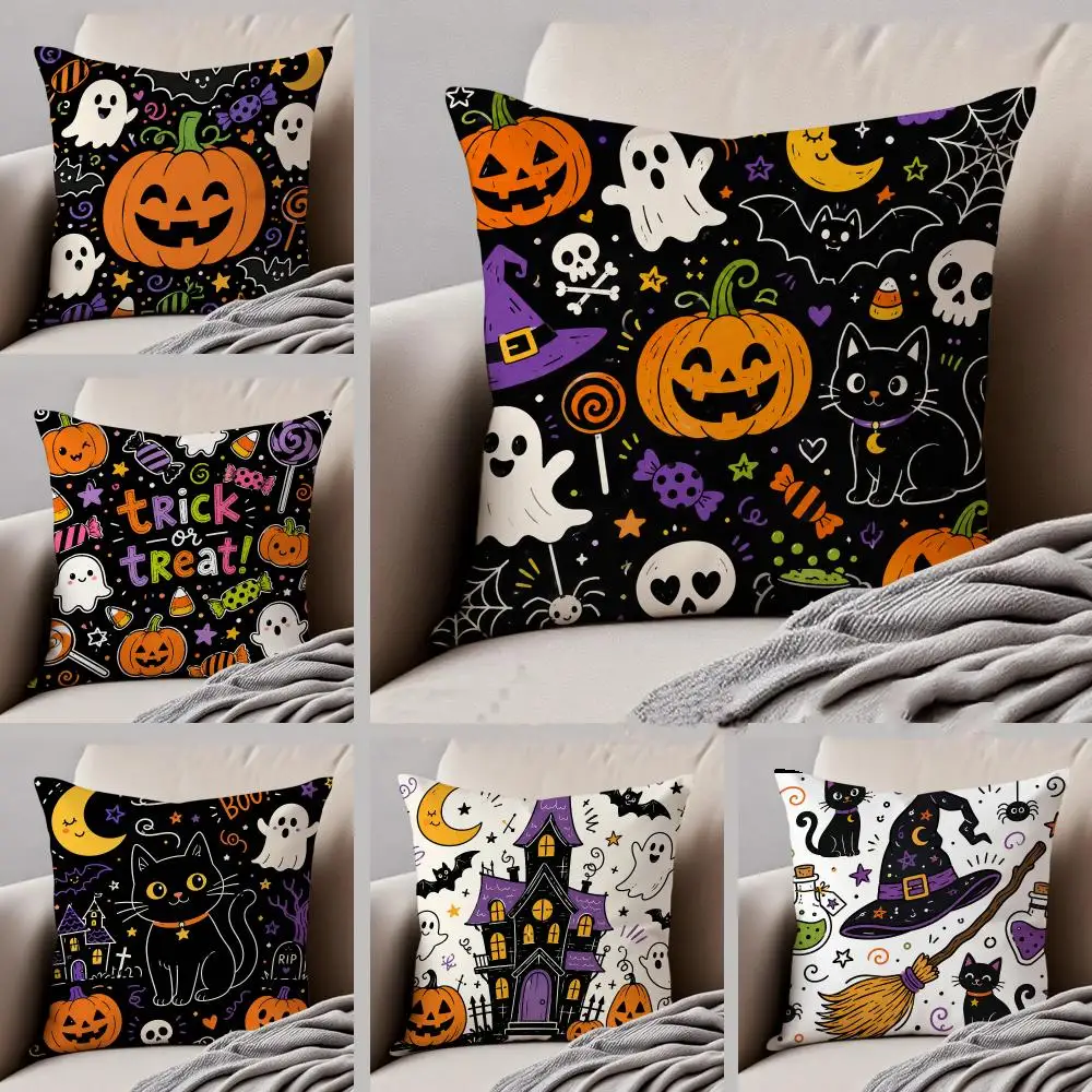 Halloween Doodle Halloween Cushion Cover Throw Pillow Cover Hidden Button Durable Polyester Chair Cushion