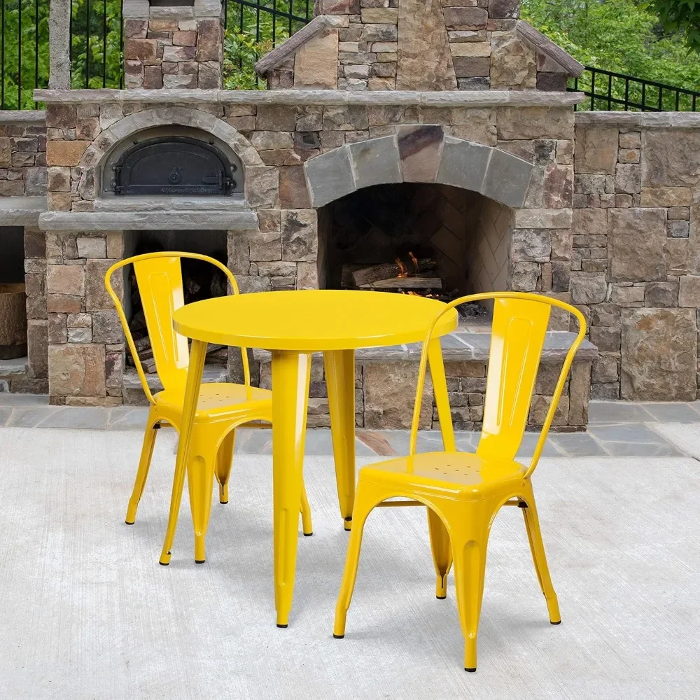 Commercial Grade 30 Round Yellow Metal Indoor-Outdoor Table Set with 2 Cafe Chairs