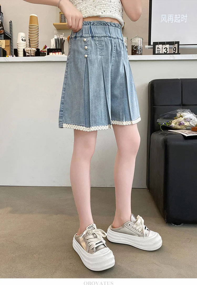 Sommer-Jeansshorts für Kinder mit Spitze am Saum, für Mädchen, elegante, plissierte Mini-Jeansshorts mit Perlen, Größe 5, 7, 9, 11, 13, 14 Jahre. – Detail 8
