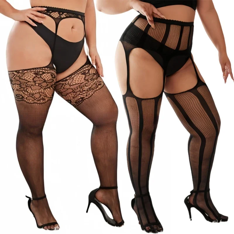 

5XXXXL Black Fishnet Stockings Garter Belt Pantyhose Plus Size Knee Thigh High Lace Sheer Sexy Lingerie Panty Socks for Women XL