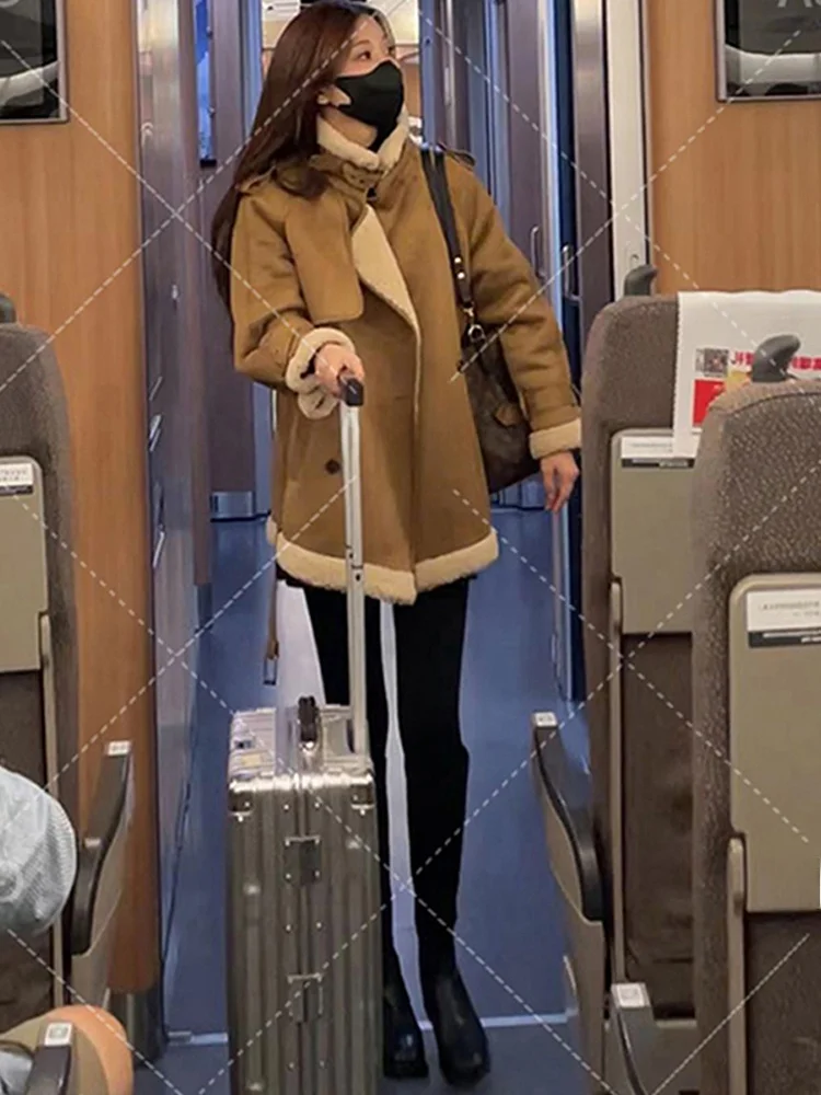 

Ladies Thiened Woolen Coat Lamb Fur Jaet Mid-Length Overcoat Korean Sle Commute Pure Color Long Sve Stand Collar