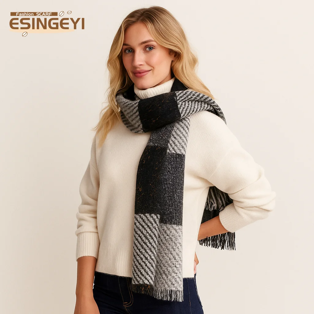 ESINGEYI 2025 зимние шарфы, женские платки, пряжа-петля, круг, женский шарф, шейный платок, волосатая кисточка, клетчатая красочная шаль с цветочным принтом