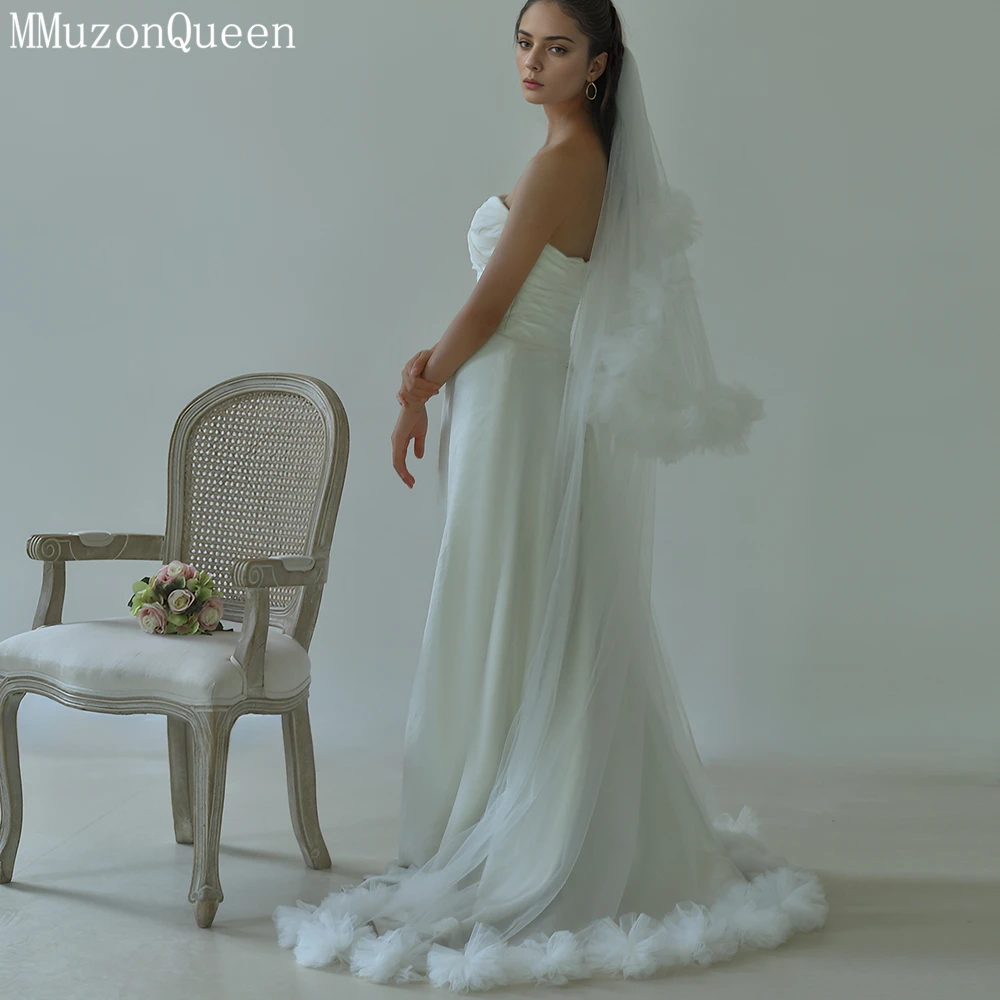 MMQ 3D Flower Bridal Headdress Waltz Wedding Veil Double layered White Tail Wedding Accessories Things for weddings M136
