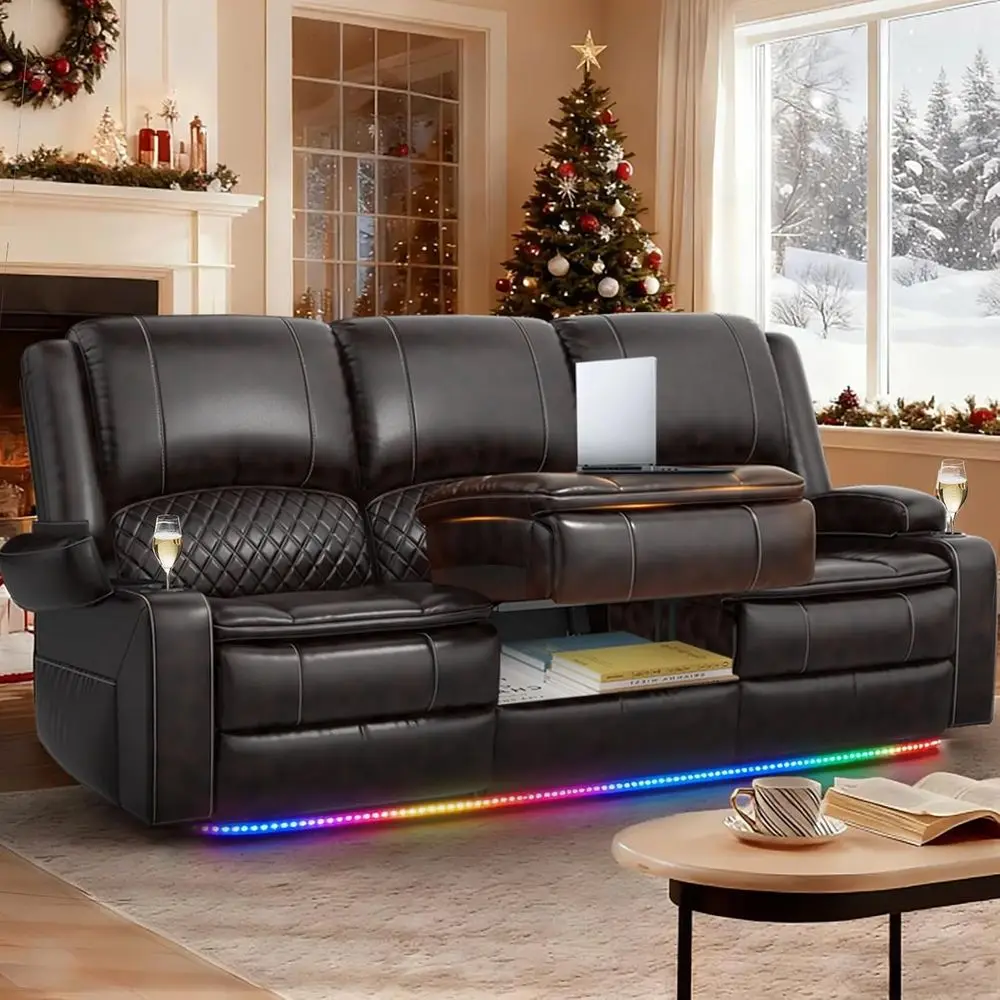 3 Seater Reclining Home Theater Couch with Cup Holders and USB Ports, Removable Armrests, Manual PU Leather (Brown)