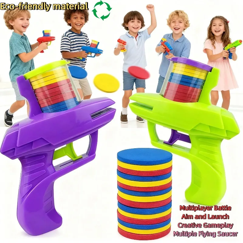 Pistola de disco ao ar livre para crianças, brinquedo voador, lançador de tiro, material ecologicamente correto, interação macia e inofensiva
