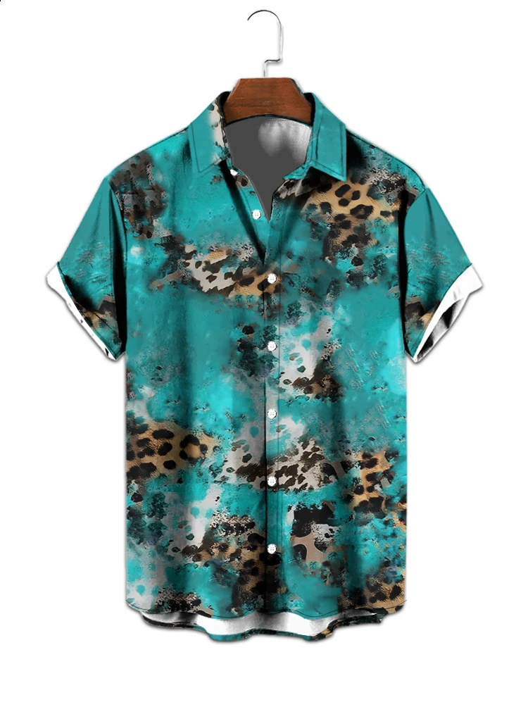 

2024 European and American fashion popular leopard element 3D digital printing lapel short-sleeved men's shirt