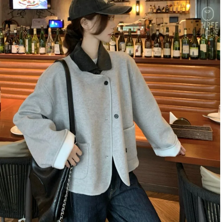 معطف صوفي مزدوج الوجه للنساء كوري أنيق للخريف والشتاء فضفاض بياقة مناسبة وتصميم كلاسيكي بلون Blo مناسب للتنقل