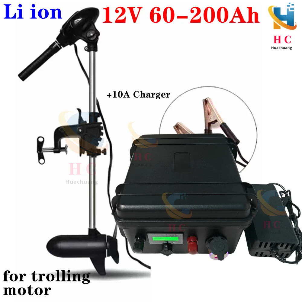 waterproof rechargeable 12V 60Ah 80Ah 120Ah 150ah 180ah 200ah Lithium ion battery for trolling motor boat propeller+10A Charger