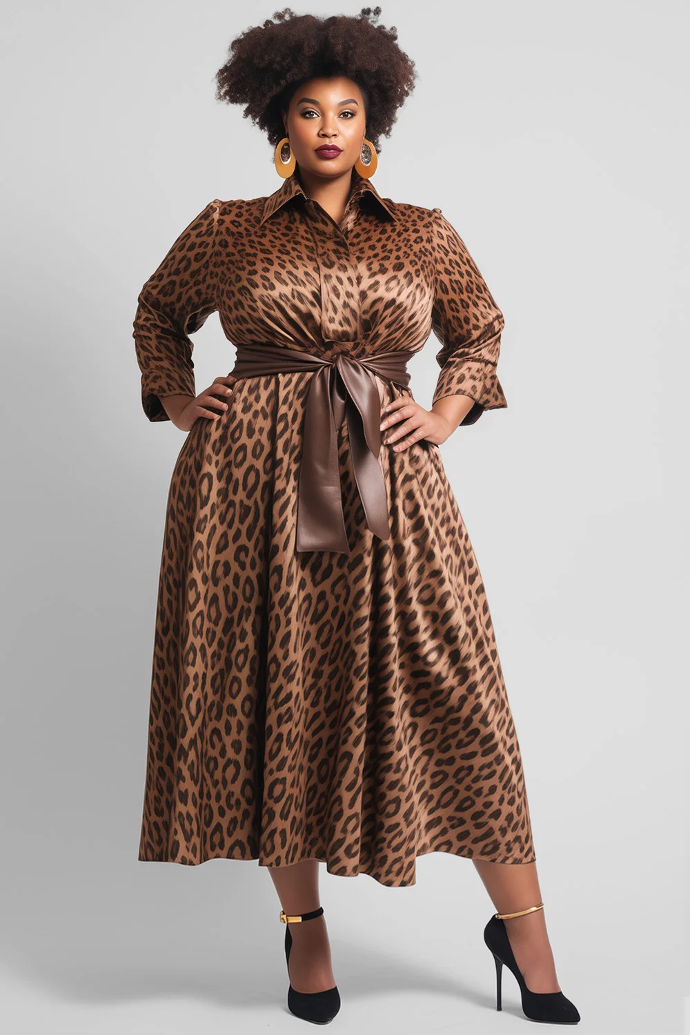 

Plus Size Business Casual Brown Leopard Shirt Collar Long Sleeve Pocket Wrap Satin Midi Dresses for Women