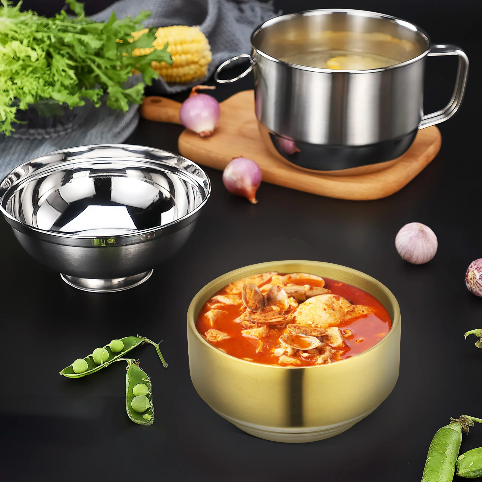 

2 pcs Stainless Steel Insulated Bowls Double Wall Heat Resistant Soup Rice Cereal Salad Bowl Set Small Serving For Baking