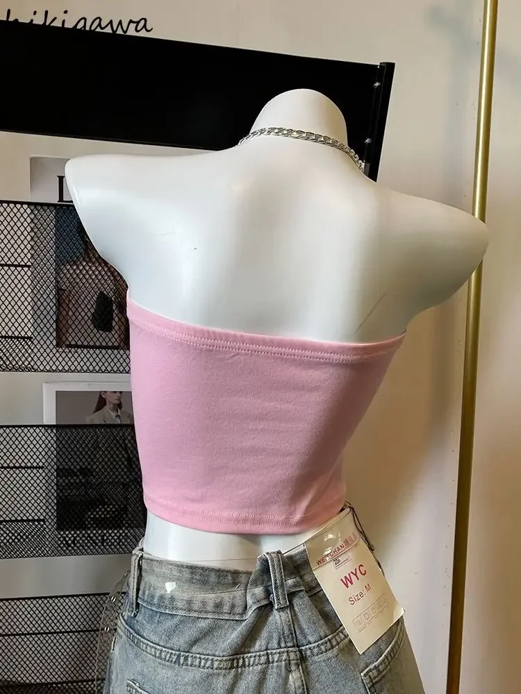 Top corto con espalda descubierta para Mujer, camiseta sin mangas con letras rosas dulces, Túnica Harajuku con cadena, chaleco Sexy Y2k, Ropa de