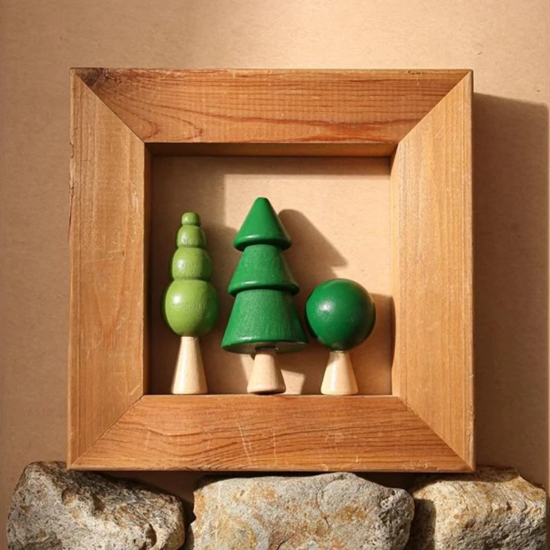 

Nordic Wood Forest Small Tree Ornament House Building Block Rainbow Green House Stone Micro Landscape Living Room Decoration