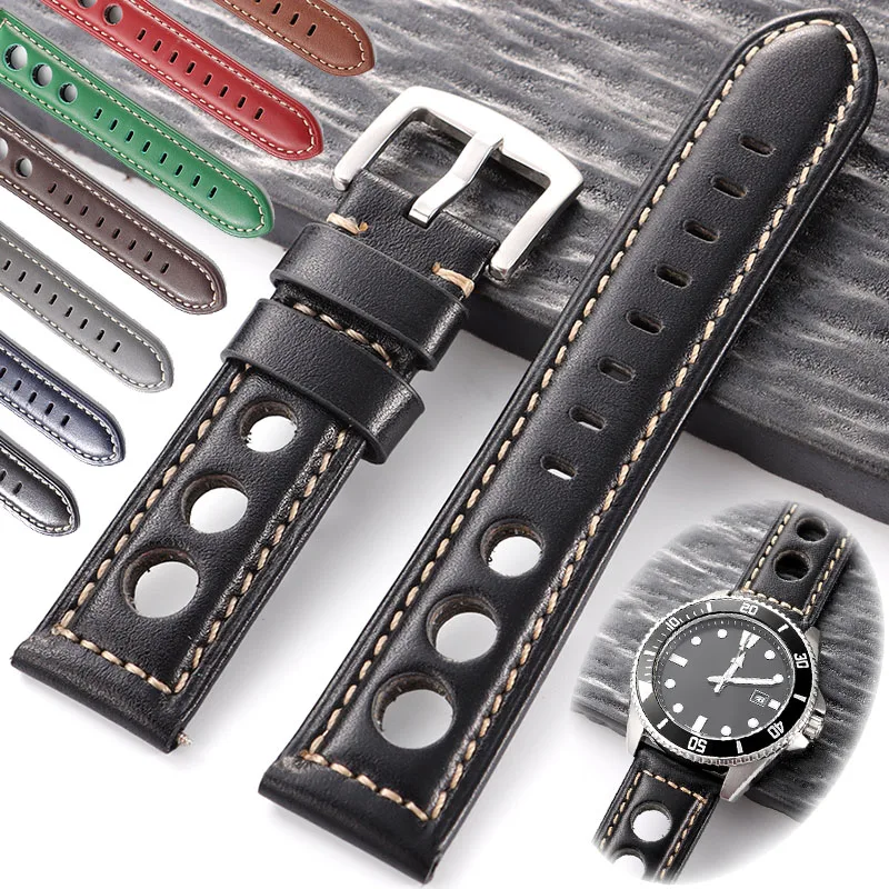 Винтажный кожаный ремешок для часов 20 мм, 22 мм, 24 мм, 26 мм, ремешок для Panerai, Omega, браслет Seiko, дышащий удобный браслет