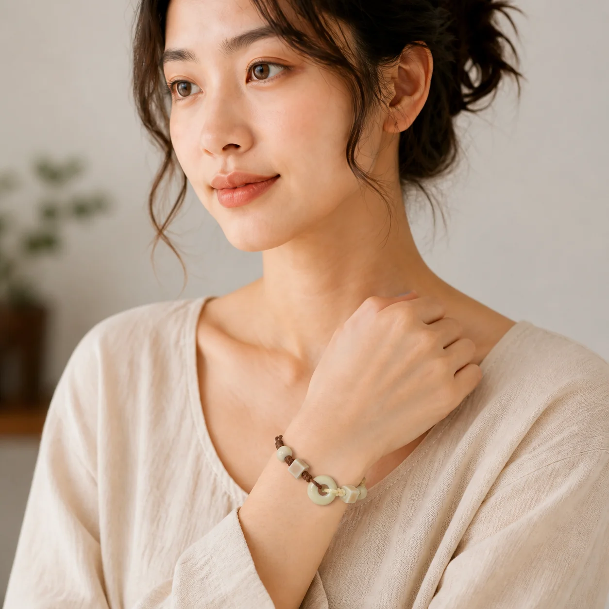 Handmade White Ceramic Abacus Bead Bracelet with Hand-Braided Wax Cord Adjustable Fit Ceramic Jewelry 608P2-08