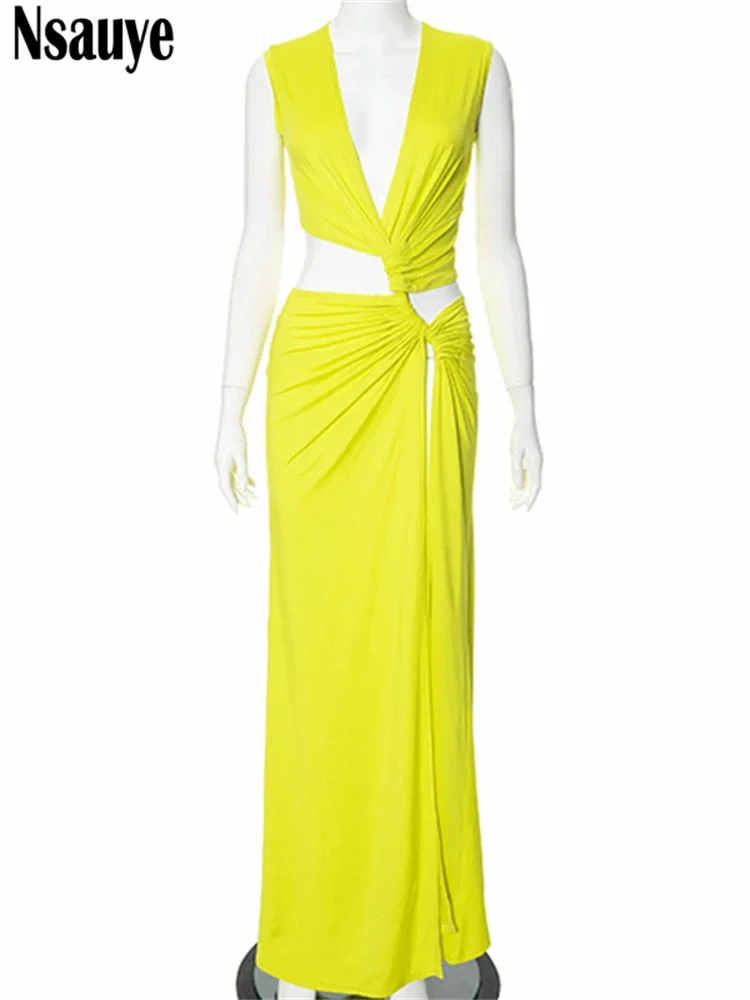 Nsauye verano vacaciones playa Maxi Sexy corte bajo mujeres Club vestido de fiesta de noche fuera del hombro alto Split elegante vestido envolvente 2024