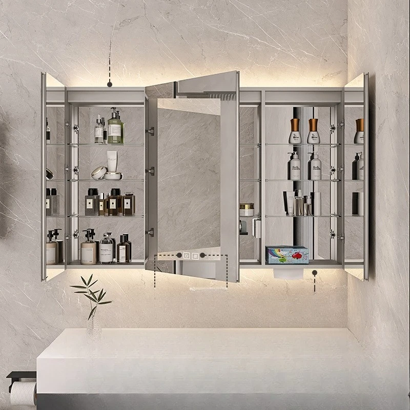 

Space aluminum mirror cabinet Smart bathroom storage Integrated mirror box Aluminum alloy heightened mirror cabinet Through top