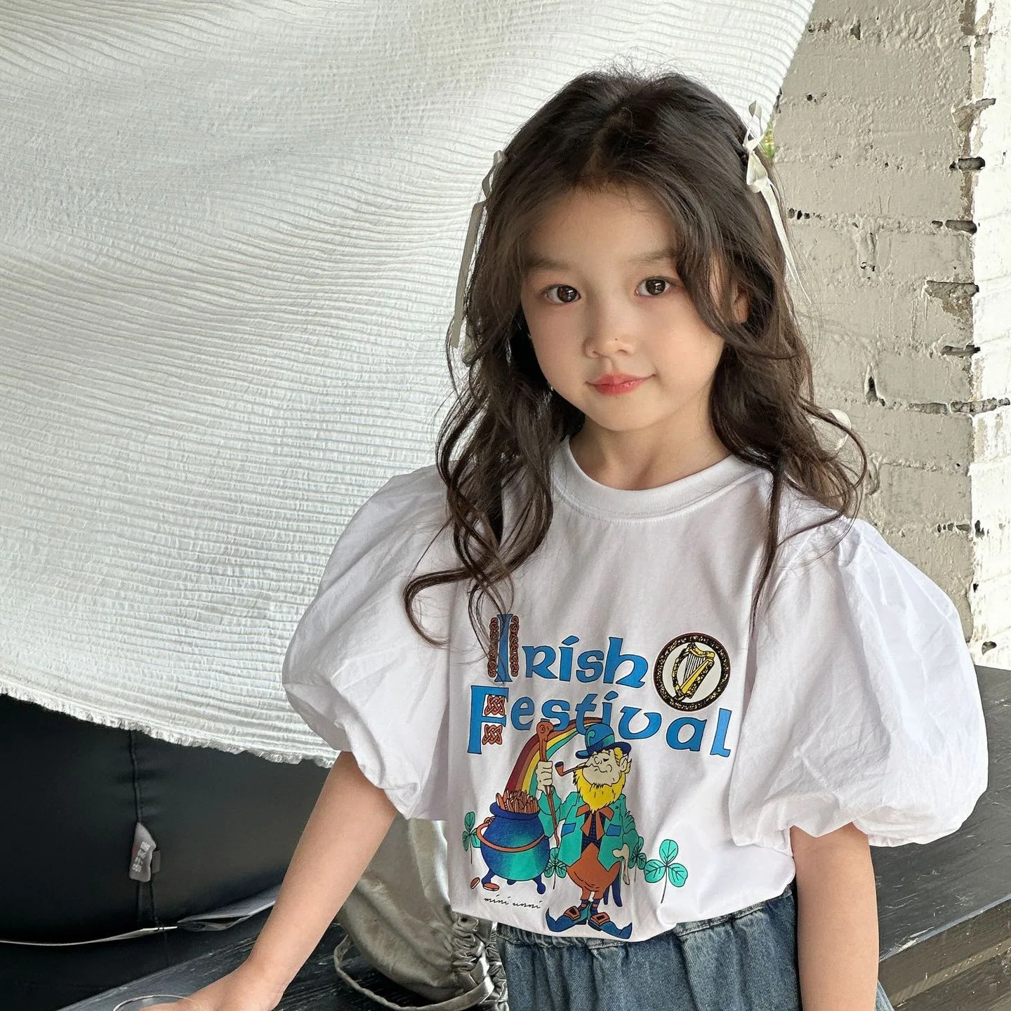 

Girl's Bubble Sleeve T-shirt 2024 Summer New Children's Printed Top Girl's Korean Edition Western style Denim Half Skirt