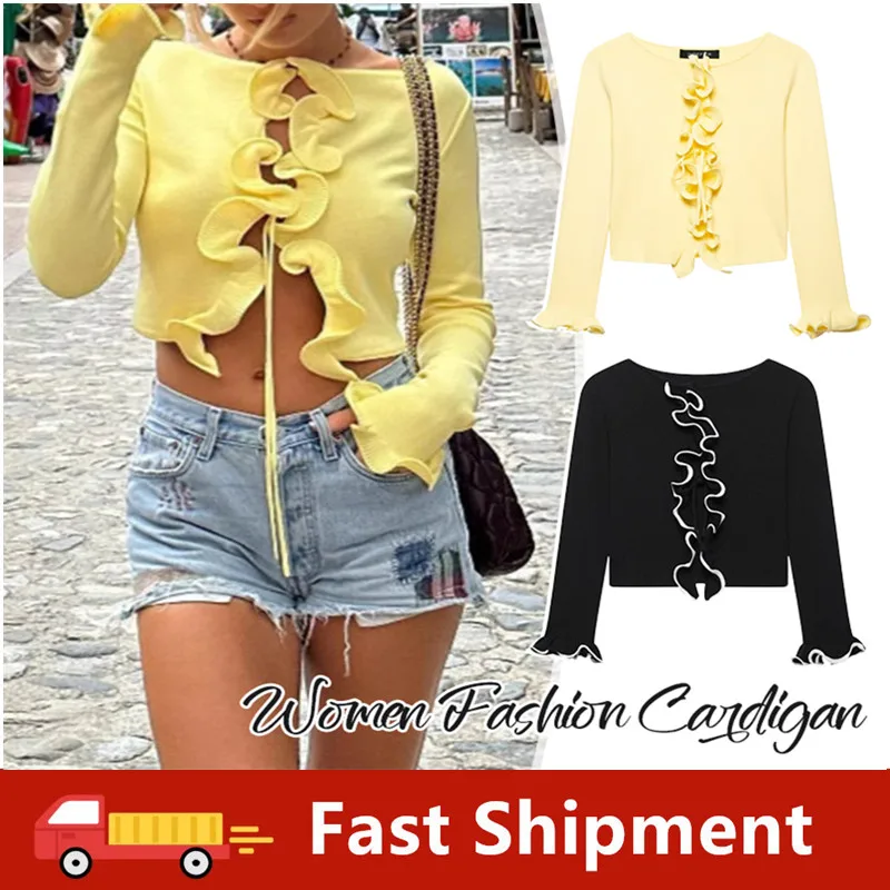 

New Women Fashion Vintage Crew Neck Lace Stitching Contrast Color Long Sleeve Knitted Cardigan Women's Slim Sweaters Crop Tops