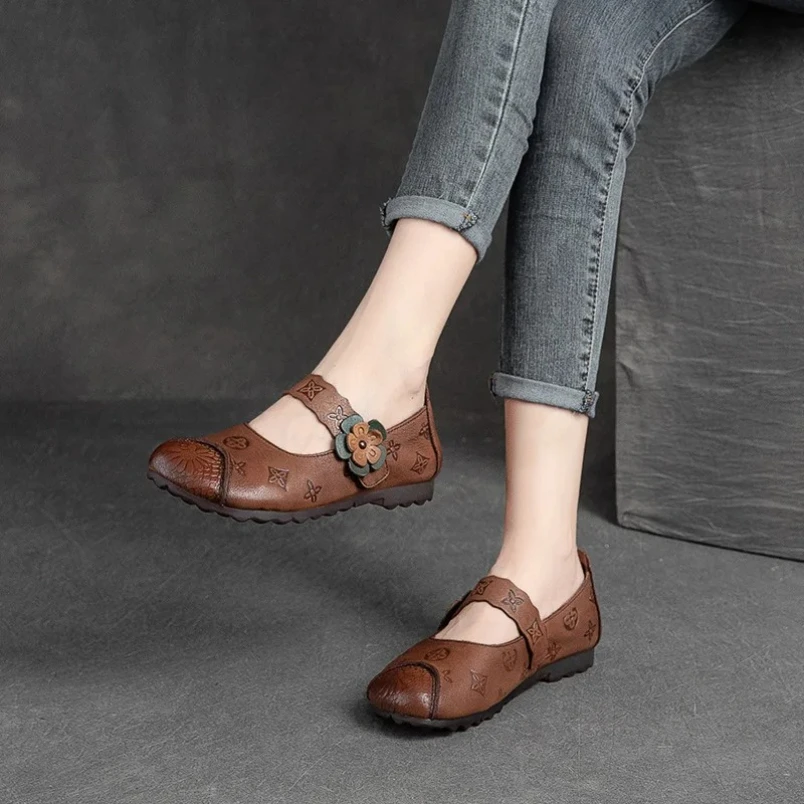 الخريف اليدوية أحذية النساء جلد طبيعي أحذية نسائية جولة تو أحذية الأم عارضة الشقق باطن لينة #3