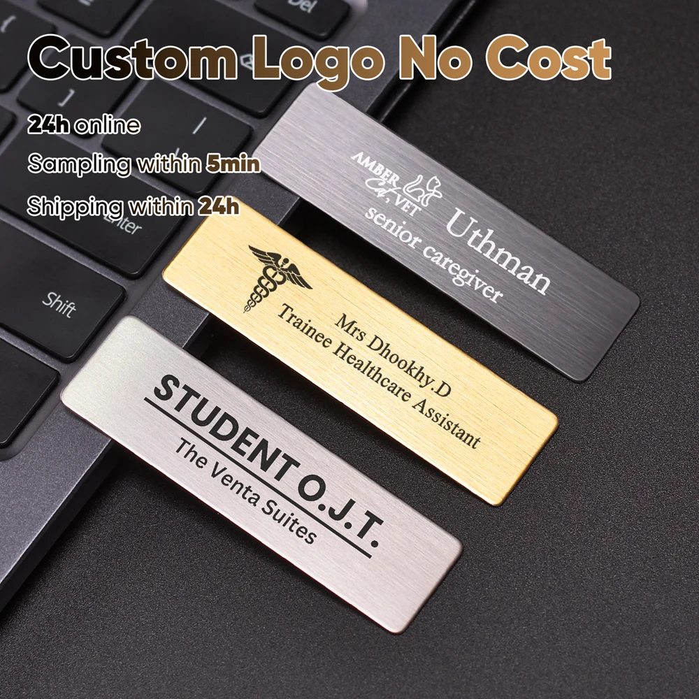 7x2CM Free Engraving Logo Brooches Pin Personalized Engraved Your Text Business ID Plate Steel Metal Tag Customized Name Badges