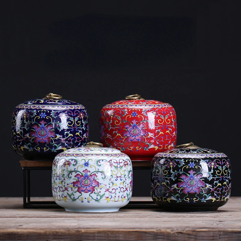 Creative Painted Tangled Lotus Ceramic Storage Jar with Lid Sealed Tea Coffee Candy Tank Food Storage Container Decorative Jar