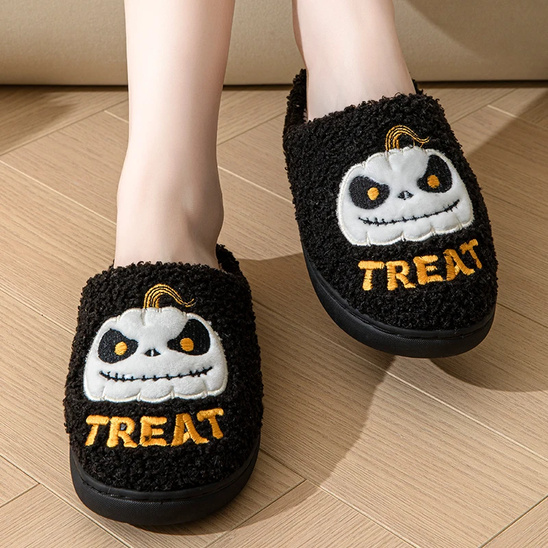 Halloween Pumpkin Embroidered Cotton Slippers Women Winter Comfortable Soft Sole Couple Shoes Woman Non Slip Flat Plush Slides