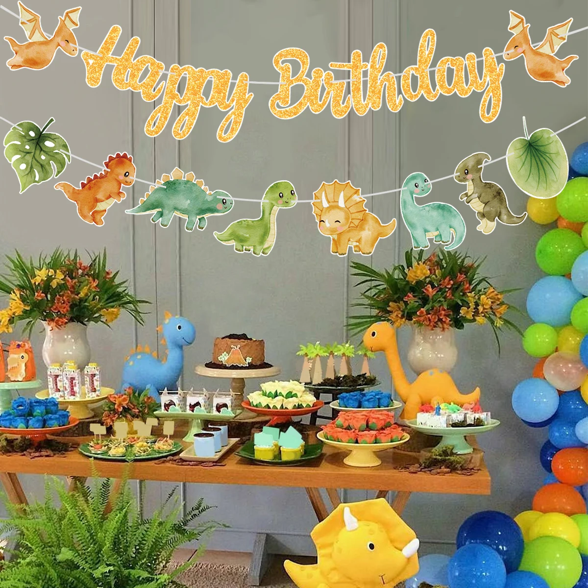 Dinosaur Happy Birthday Garland Banner Roar Dino Party Balloons Jungle Animal Safari 1st Kids Birthday Party Decoration Supplies