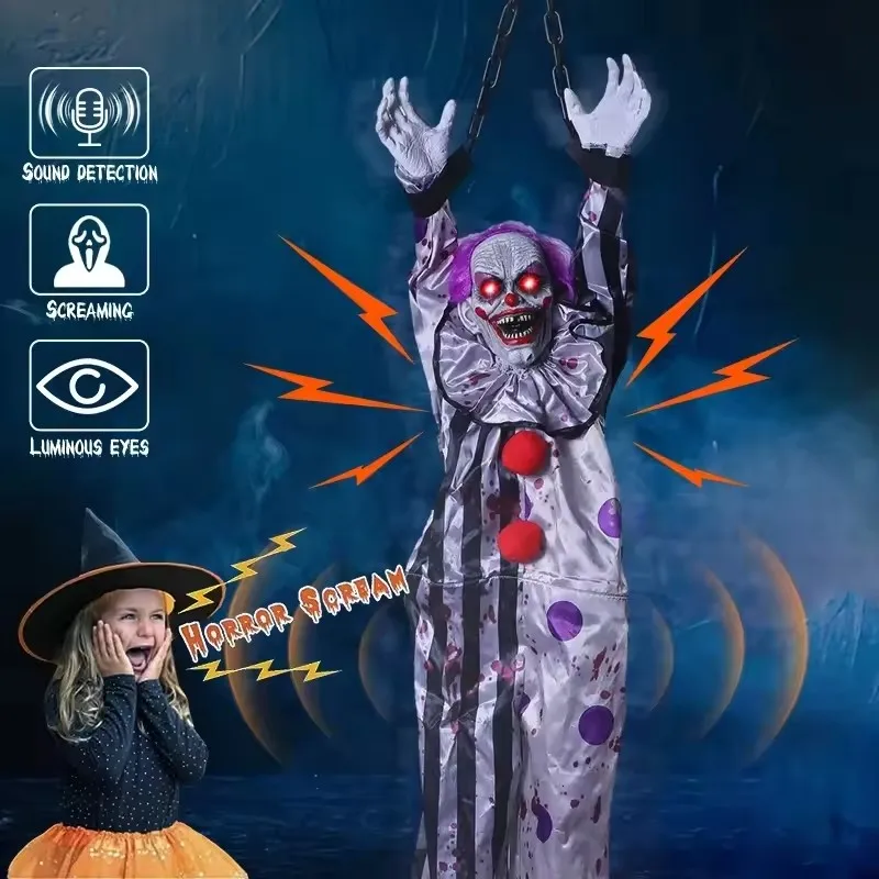 New Halloween Horror Home Decoration Hanging Clown Voice Control Electric Hanging Ghost Outdoor Garden Scary Haunted House Props