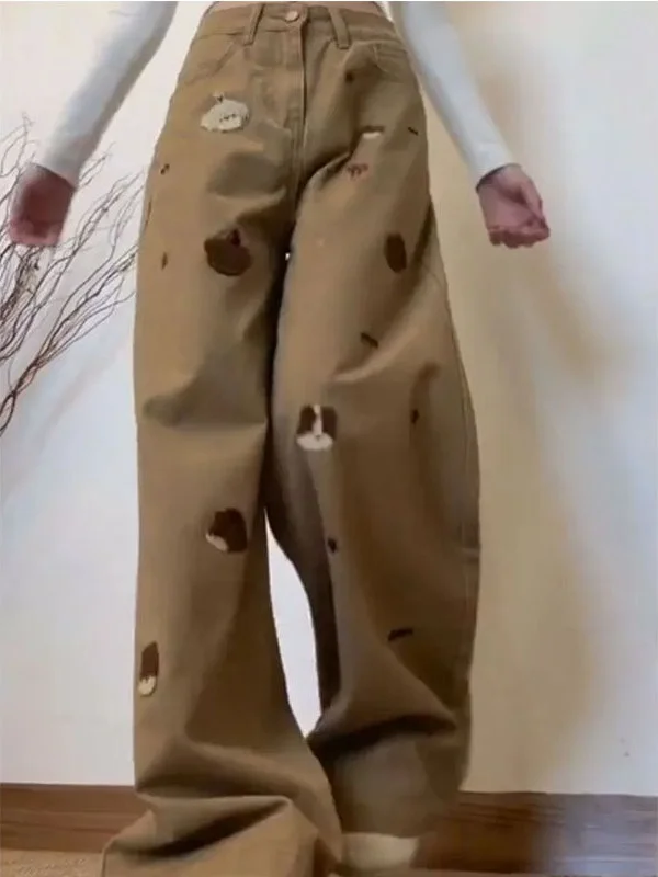 กางเกงยีนส์ปักลายหมีสีสันสดใสสำหรับผู้หญิง เอวสูง ทรงหลวม ขาตรง ขากว้าง ดีไซน์ใหม่สำหรับฤดูใบไม้ร่วง สไตล์ลำลอง