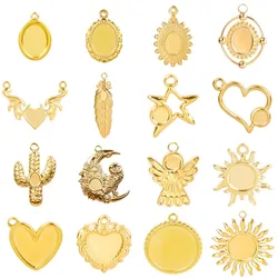 5pcs Owl Cactus Angel Heart Round Charm Real Gold Plated Stainless Steel Charms For Jewelry Making Supplies DIY Blank Settings