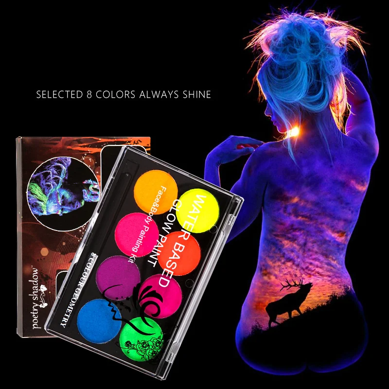 8 สีเรืองแสง Glow-in-the-dark Face ภาพวาดธีมคริสต์มาสล้างทําความสะอาดได้ละลายน้ําเครื่องสําอางฮาโลวีนคอสเพลย์แต่งหน้า