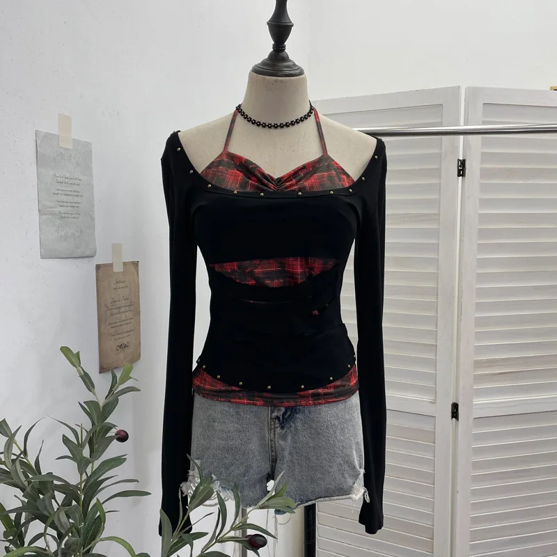 High Quality Hot Selling Wholesale Spicy Girl Slim Fake Two-piece Neck Hanging T-shirt Chest Cushion Long Sleeved Base Top Women