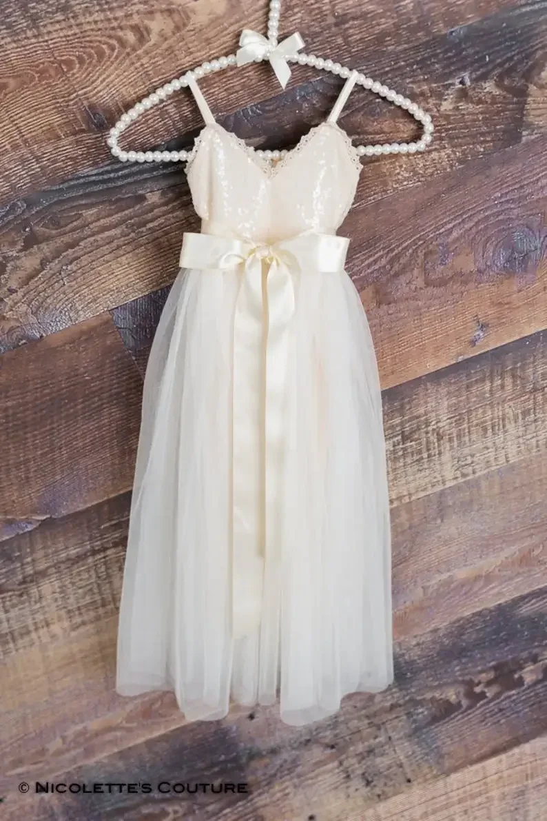 Romantic girls party dress wedding princess Party Gowns Kids Gown Tulle Flower Girl Dress, Ivory Rustic Boho Chic Baby Dresses
